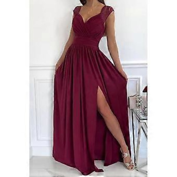Dame Ensfarget A-linje Slim V-hals Kjoler Ermeløs Blonde Patchwork Ryggløs Splitt Maxi Lang Kjole (L burgunder)