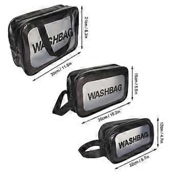 3-pack PVC Sminkväska Multifunktionell Vattentät Lätt Transparent Bärbar Kosmetikväska för Män Kvinnor Svart