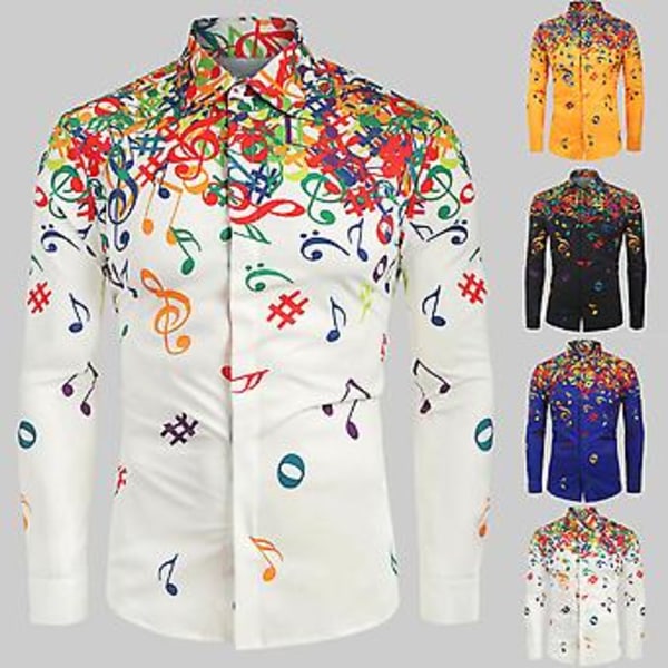Fianao Casual Mænd Efterår Musikalske Symboler Print Langærmet Knapper Ned Slank Skjorte (XL Sort)
