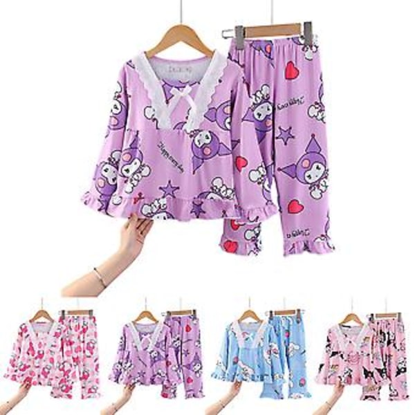 4-12-vuotiaille tytöille Sanrio-pyjamat, pyjamasetti, piirretty Kawaii Melody Kuromi Cinnamoroll -nukkumisasu, yöasu, loungewear (7-9 vuotta, violetti Kuromi)