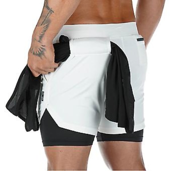 Løpeshorts for menn, avslappet utendørs, løse, med flere lommer, dobbeltlags treningshorts for trening (L 858 Hvit)