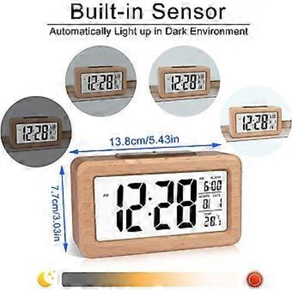 Lättinställd Digital Väckarklocka i Trä med Temperatur, Datum, Bakgrundsbelysning, Snooze, för Sovrum, Sängbord, Hem, Kontor, Tyst