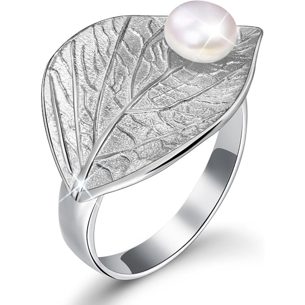 Silver Ring Autumn Leaf Open Ring med sötvattenodlad pärla Handgjorda smycken Unika gåvor till kvinnor