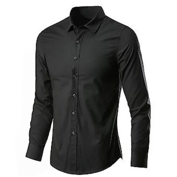 Mænd Lapel Hals Løstsiddende Skjorte Casual Langærmet Almindelig Knapper Ned Formelle Business Skjorte Toppe (2XL Sort)