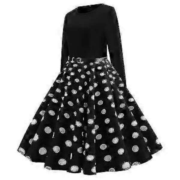 Naisten Retro 50-luvun 60-luvun Pitkähihainen Cocktail-juhla Pyöreäkauluksinen Pilkullinen Rockabilly-mekko (M)