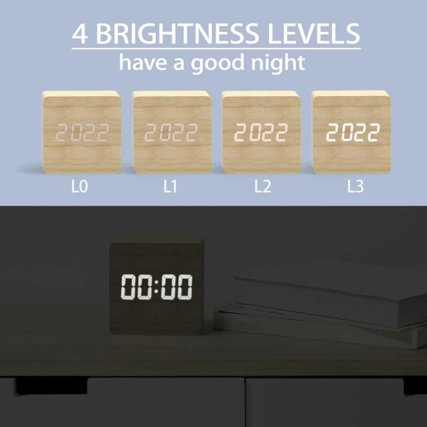 Digital LED-vekkerklokke - Trevekkerklokke med 4 lysstyrkenivåer