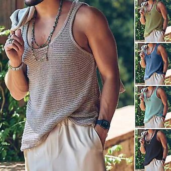 Mænd Sommer Vest Ærmeløs Ensfarvet Enkel Stil Strikket U-Hals Sports Blød Trøje Mænd Tank Top Mænd Tøj (2XL Grøn)