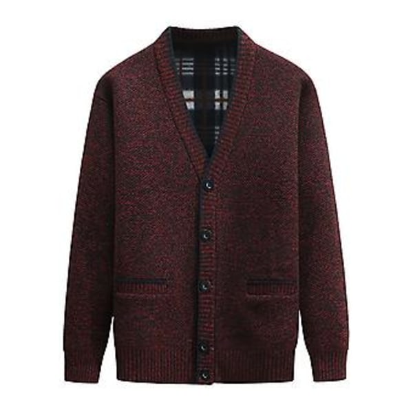 V-hals Lommegenserjakke Høst Vinter Fleecefôr Ensfarget Cardigan Genser Yttertøy (2XL Vinrød)