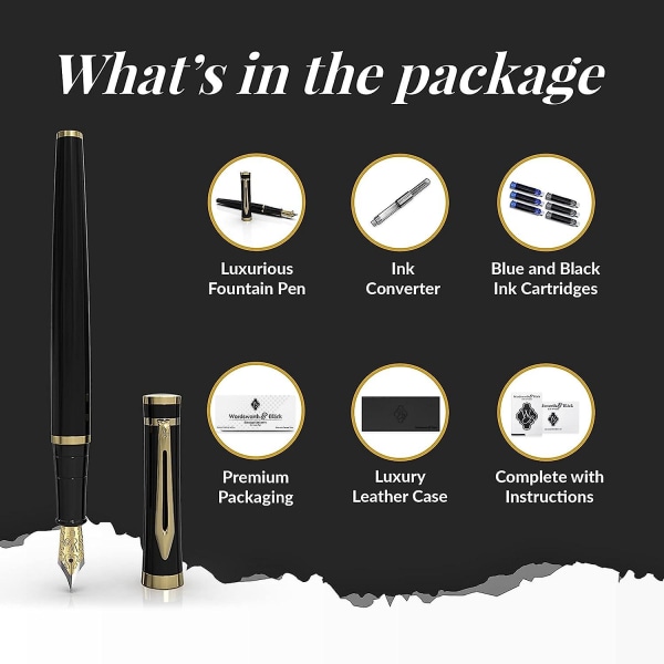 Fountain Pen Set, 18k Gilded Extra Fine Nib, Includes 24 Pack Ink Cartridges, Ink Refill Converter & Gift Box, Gold Finish, Calligraphy, [black Gold],