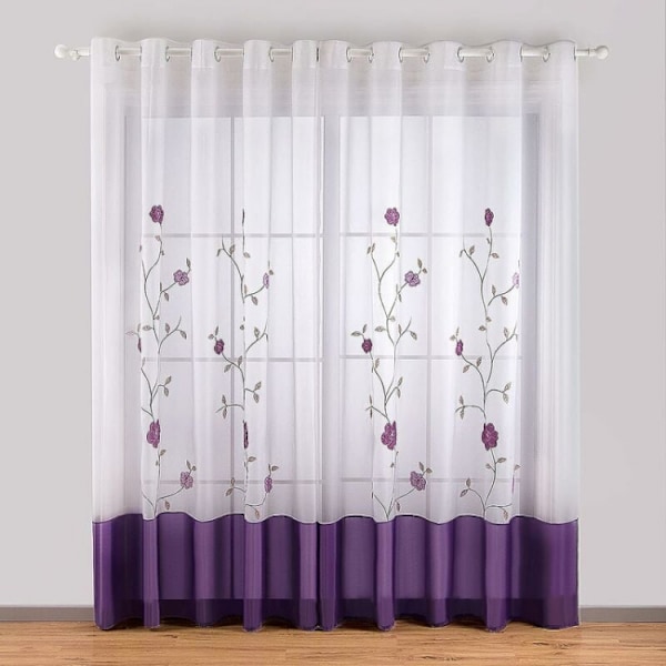 2 kpl 140cmx245cm, violetit silmukkareunaiset verhot läpikuultavat kukka Embroi