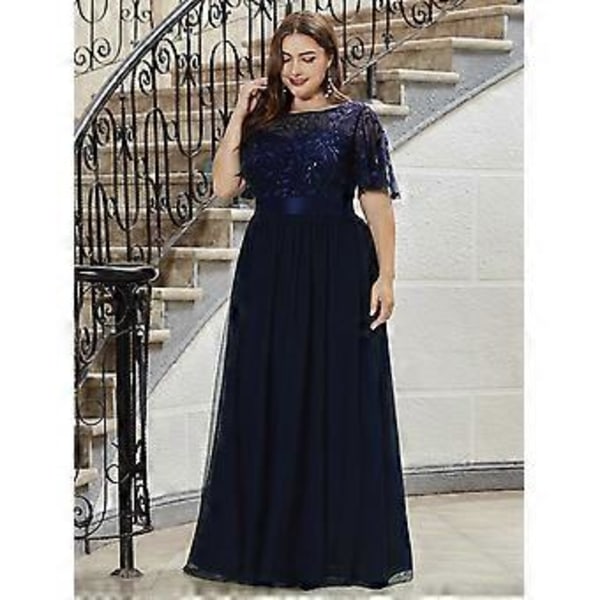 Ever-Pretty Damklänning Plus Size Paljettbroderi A-Linje Kortärmad Bröllopsgästklänning (8XL marinblå)