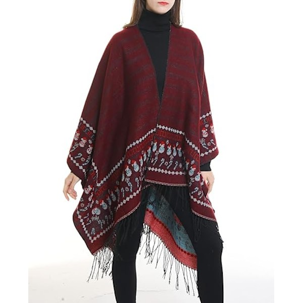 1 st. Röd Fleece Poncho Kvinna Sjal Kappa Retro Öppen Kvinna Vinter W