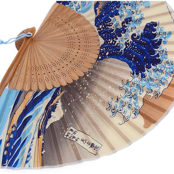 Japansk Håndlaget Landskaps Bambus Silke Folding Fan, Vintage Retr