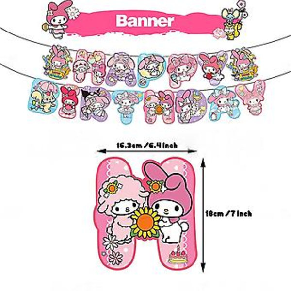 My Melody -piirrettyjen lasten tyttöjen syntymäpäiväjuhlatarvikkeet, joissa on mukana Onnea syntymäpäiväksi -bannerit, ilmapallot, kakku/kupkakakku-koristeet ( )