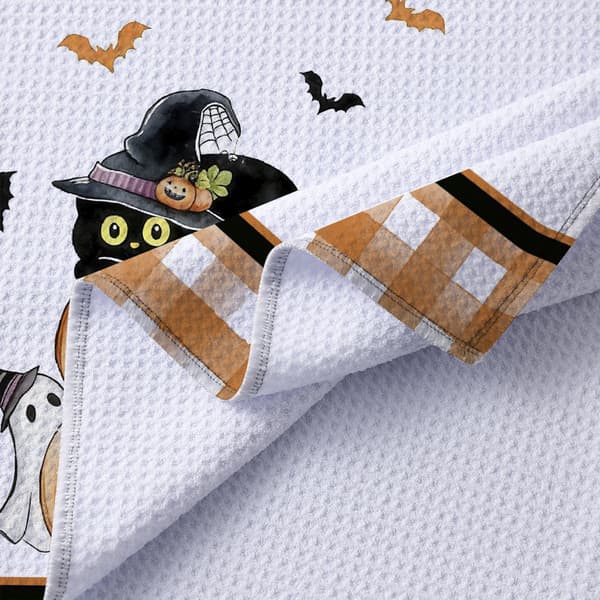 Halloween Spøgelse Græskar Køkkenhåndklæder, Festlige Trykte Vaffelviskestykker, Sæt med 2