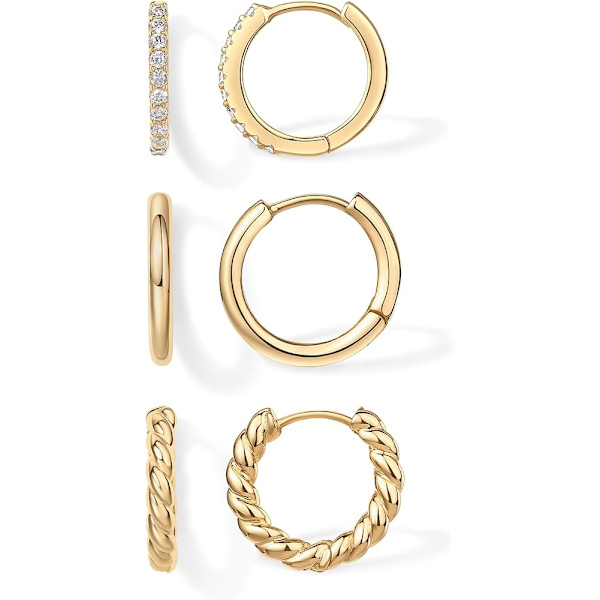 Förgyllda stolpar 3 par små örhängen set | Cubic Zirconia Plain Rope Huggie Hoops för kvinnor | Lätta örhängen