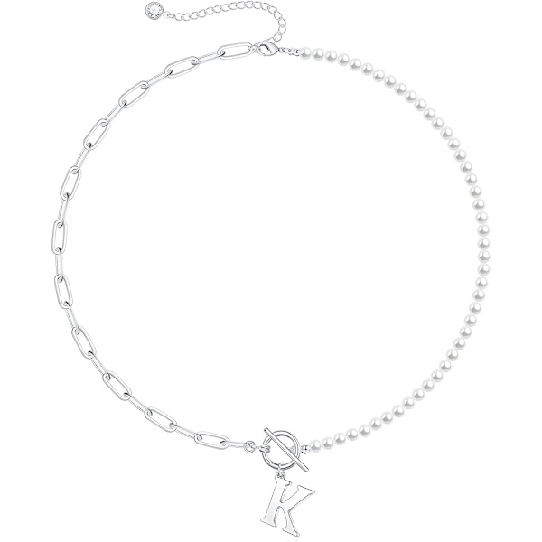 Sliver Initial Perlehalskæde til Kvinder, Paperclip Link Chain Halskæde Choker Toggle Clasp Halskæde Dainty Perlekæde N