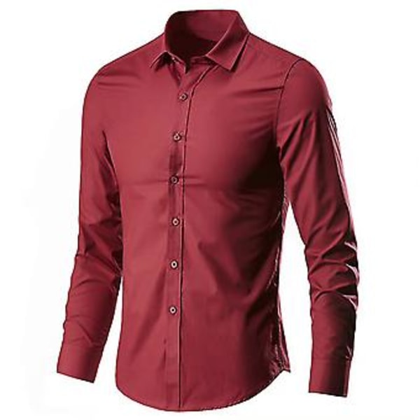 Mænd Lapel Hals Løstsiddende Skjorte Casual Langærmet Almindelig Knapper Ned Formelle Business Skjorte Toppe (L Rød)