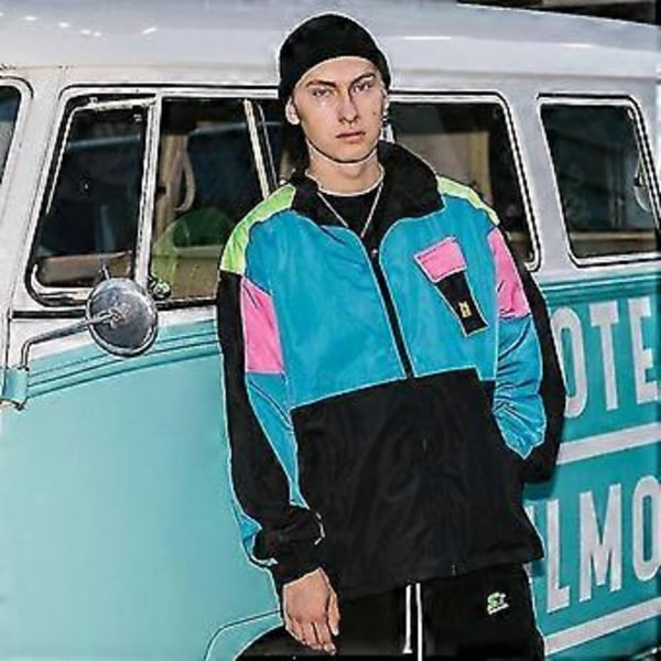 Hettejakke for menn Hip Hop Streetwear Retro Fargeblokk Patchwork Harajuku Jakke Vindjakke Oversized Sporjakke Lomme Høst Høy Kvalitet (XL Svart)