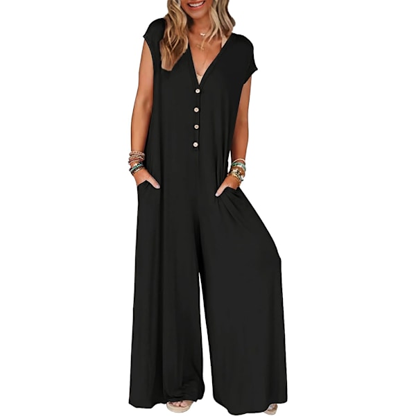Kvinde 2024 Sommer Cap Sleeve Jumpsuits Dyb V-hals Knap Onesie Brede Ben Bukser Rompers M Sort