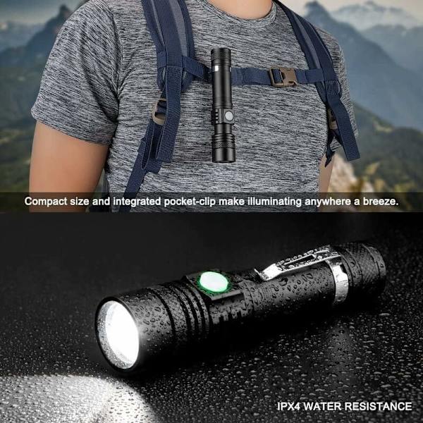 USB-laddningsbar LED-ficklampa, 600 lumen vattentät ficklampa, 4 ljuslägen, zoombar ficklampa för hushåll, camping, vandring, nödsituationer (batteri ingår ej)
