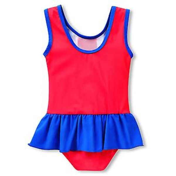 En-dels badkläder för barn med flagga tryckt kant, volangkjol, sidobadkläder 5t?5-6 år? Blå