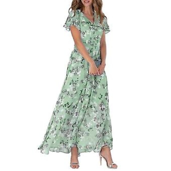 V-hals Volang Kort Erm Maxi Kjole Stram Midje Høy Midje Flytende Kant Søtt Blomsterprint Chiffon Kjole Dameklær (M rosa)