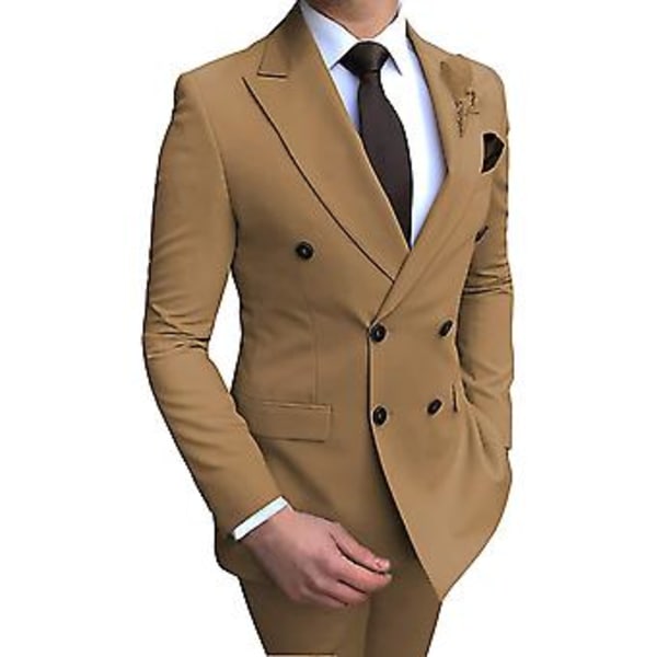 Herre Dobbeltbrystet Blazer Suit 2 Dele Slim Fit Bryllup Brudgom Tuxedos Peak Lapel Formelle Prom Suits (50 Khaki)