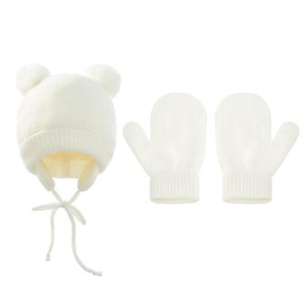 Vinter Baby Lue Hanske Sett For Barn Beanies Barn Pom Strikket Lue Varmt Bonnet Dress (Hvit)