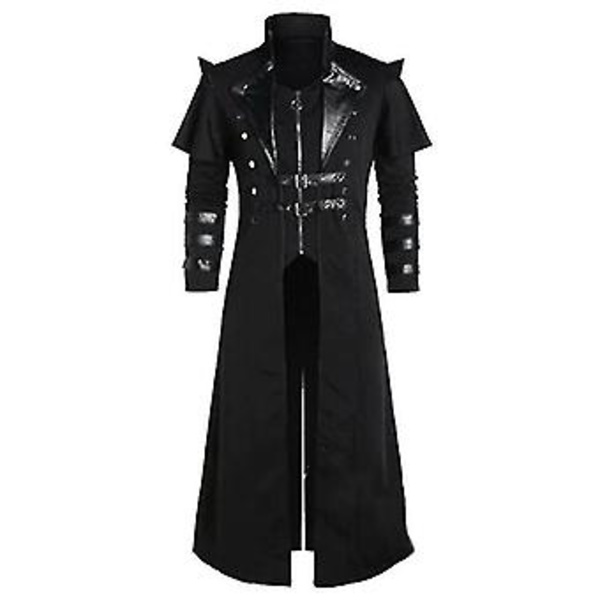Vintage Halloween Middelalder Steampunk Assassin Elves Pirat Kostume Voksen Mænd Sort Lang Split Jakke Gothic Armor Læderfrakker (L Sort)