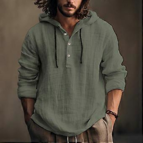 Bomull Linne Skjortor Män Tunn Hooded Hoodie Vår Höst Långärmad Pullovrar Enfärgad Vit Blå Casual Vardagskläder (XL kaffe)