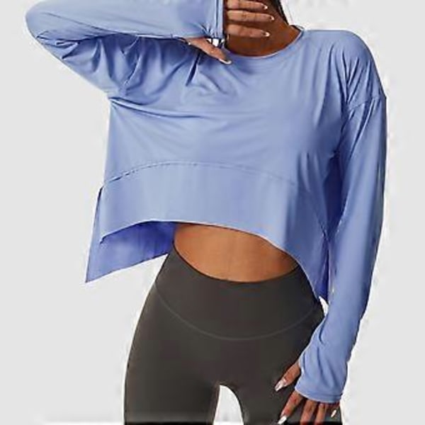 Kvinders Langærmet Træningsskjorte Løstsiddende Tommelhul Flowy Strækbar Yoga Atletisk Casual Top (XL Blå)
