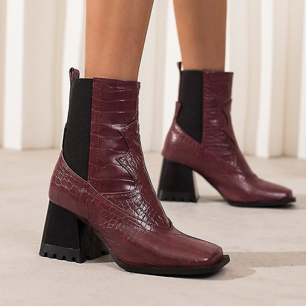 Women Walking Fashion Dress Shoes Casual Animal Print Chunky Heeled Boots High Heels Red EU 36