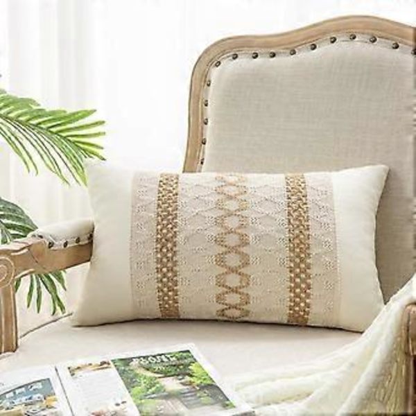 Lumbar Putesett Dekk 12 x 20 Tommer for Landlig Stue, Bomulls- og Burlap-Teksturerte Stripete Vevde Boho Putesett 1 stk