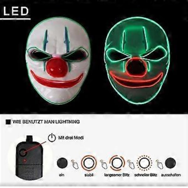 Halloween-naamio, LED-naamio 3 vilkkutilalla, klovninaamio lapsille, miehille, naisille, joulu, karnevaali