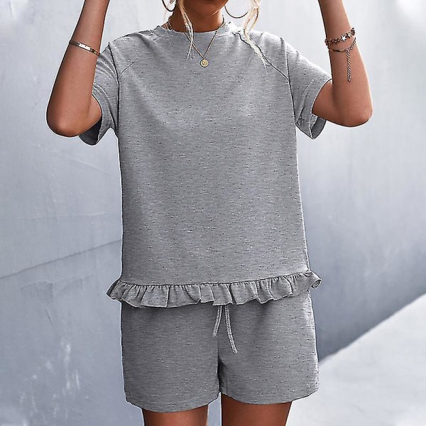 Ladies Loose Top And Shorts Home Clothes Women Summer Casual Crew Neck Light Gray Light Gray M
