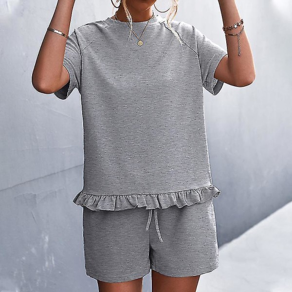 Ladies Loose Top And Shorts Home Clothes Women Summer Casual Crew Neck Light Gray Light Gray S