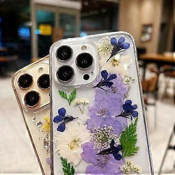 Design för iPhone 13 Pro Skal Blommor, Klar Söt Pressad Torkad Blomma Design Skal Transparent Mjuk Slank TPU Skyddande Blommig Kvinnor (Marinblå Blomma)