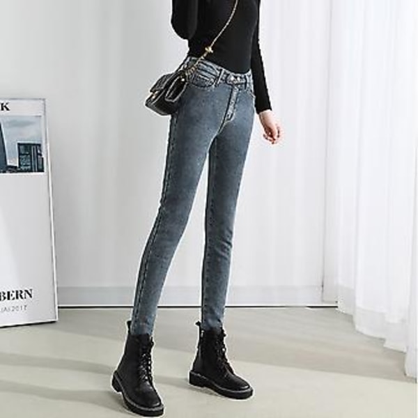 Dame Vinter Varme Bukser Højtaljede Mode Termiske Fleece Jeans Leggings til Afslappet (25 Grå Plys)