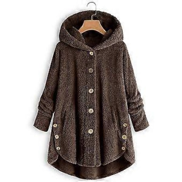 Damjacka Mode Knappar Fluffig Ull Huvjacka Lös Vinter Värme Plus Storlek (L Brun)