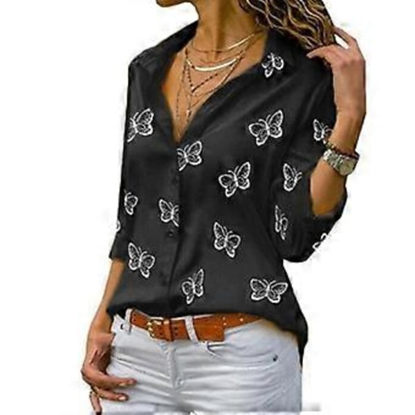 Dame Butterfly Print Skjorte Nedadvendt Krave Knap Chiffon Bluser Plus Størrelse Langærmede Toppe (XXXL sort)