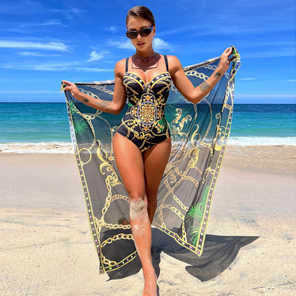 Heldekkende badedrakt med cover-up-sett - Bohofeel kjedeprint push-up badedrakt med strandskjørt sexy badedrakt M hvit