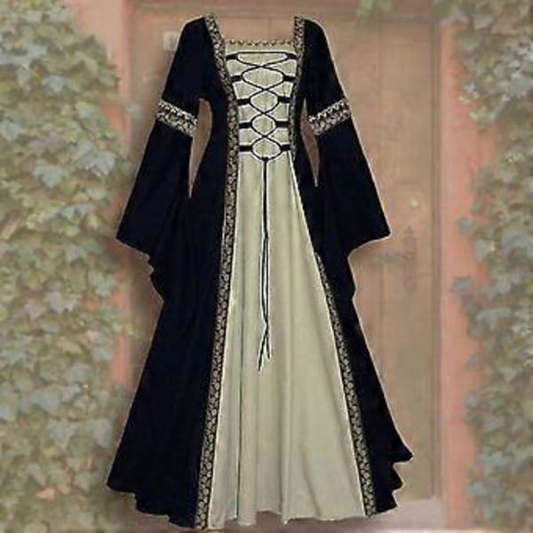 Medeltida Retro Hov Prinsessa Cosplay Kostym Lång Klänning Elegant Häxa för Kvinnor (S Mörkblå)