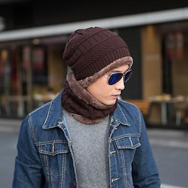 Unisex Vintervarm Snöskidmössa Stickad Slouch Beanie Hatt Tubhalsduk Set (Kaffe)