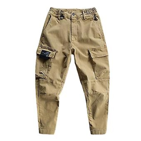 Män Byxor med Elastisk Midja, Knappar och Ankel Längd, Flera Fickor, Mid-Rise Cargo Byxor för Bergsklättring (XL Khaki)