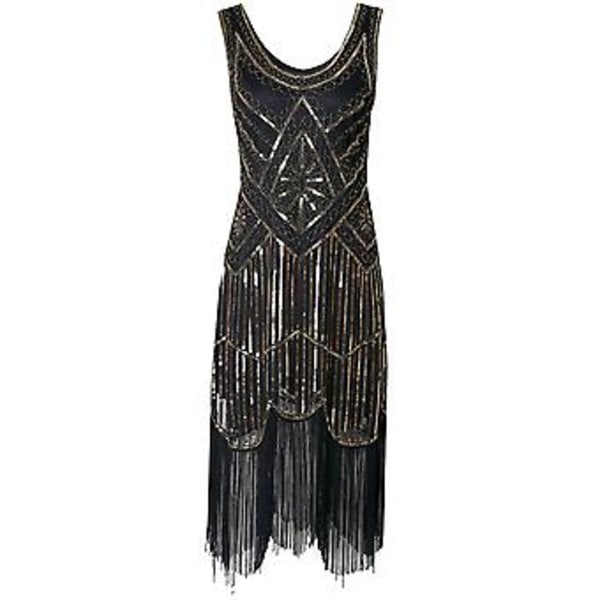 Naisten 1920-luvun Flapper-mekko Pitkä Franssuilla Suuri Gatsby -asu 20-luvun Vintage-juhlamekko Helmiä ja Pailletteja (2XL Musta Kulta)