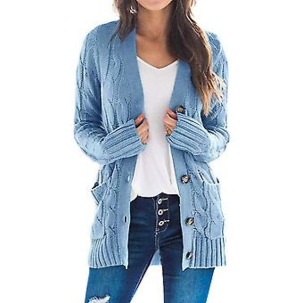 Kvinnors Långärmad Kabelstrickad Cardigan med Fickor, Casual Kavaj, Enfärgad (XL Blå)