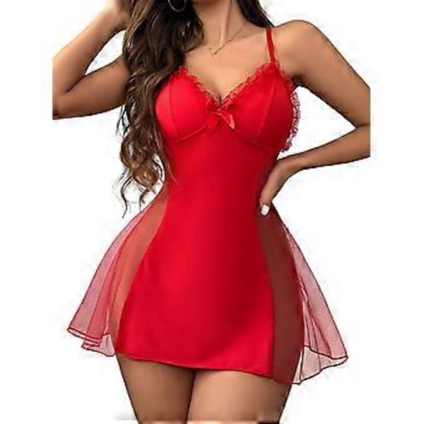 Damunderkläder för kvinnor Sexig spets Babydoll Sling V-ringad Rygglös Hål Ut Nattkläder Genomskinlig Mesh Nattkläder (L röd)