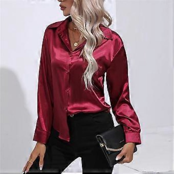 Forår Efterår Satin Bluse Imitation Silke Langærmet Skjorte til Dame Plus Size Løse Toppe (M lysegrøn)