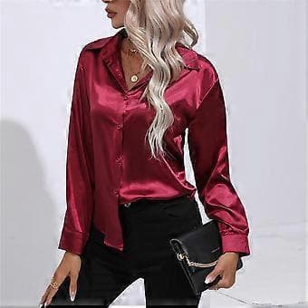 Forår Efterår Satin Bluse Imitation Silke Langærmet Skjorte til Dame Plus Size Løse Toppe (S bordeaux)